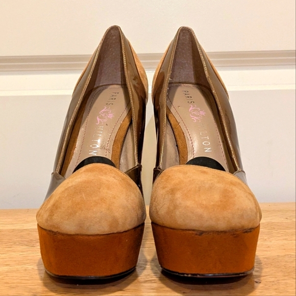 Paris Hilton 8 70s Inspired Suede Platform Pumps in Tan Gold Brown and Plum - Picture 2 of 12